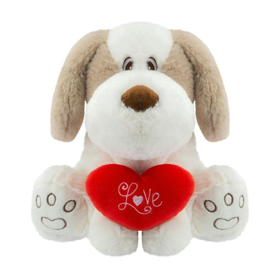 image 1 of Valentines Soft Toy Dog Puppy Holding Love Heart Plush Toy Brown Dog