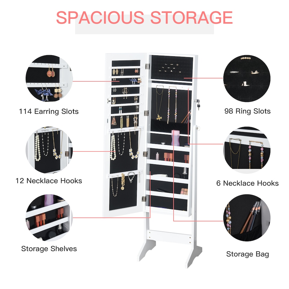 image 1 of HOMCOM Jewelry Cabinet Standing Mirror Full Length Makeup Lockable Armoire Storage Organizer White