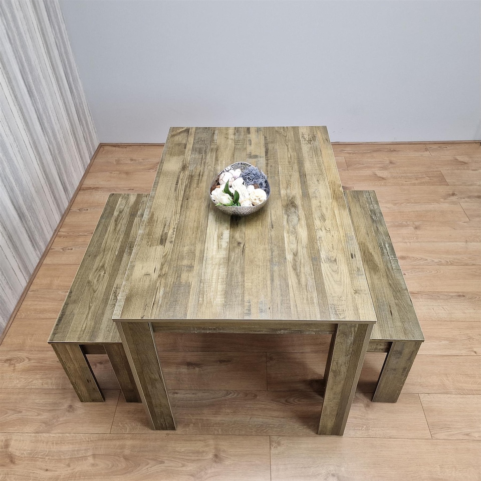 image 1 of Rustic Effect Dining Table with 2 Benches  Wooden Dining Set