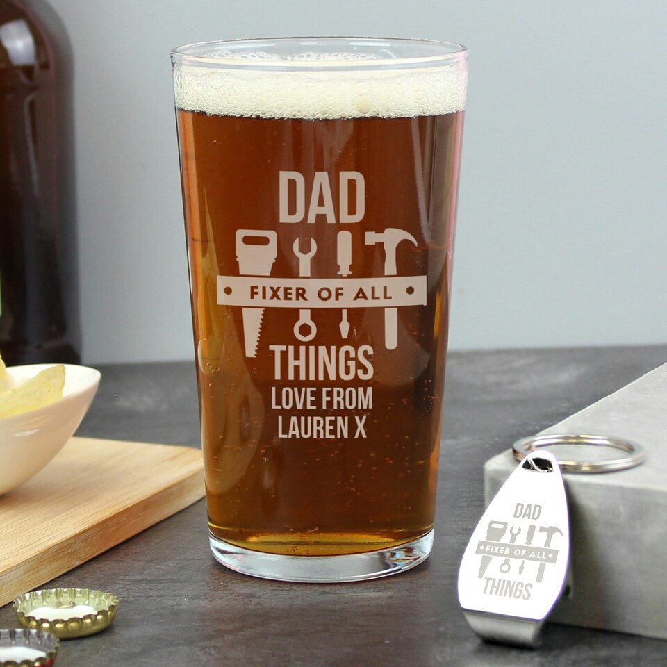 image 1 of Personalised Fixer of All Things Pint Glass & Bottle Opener Clear