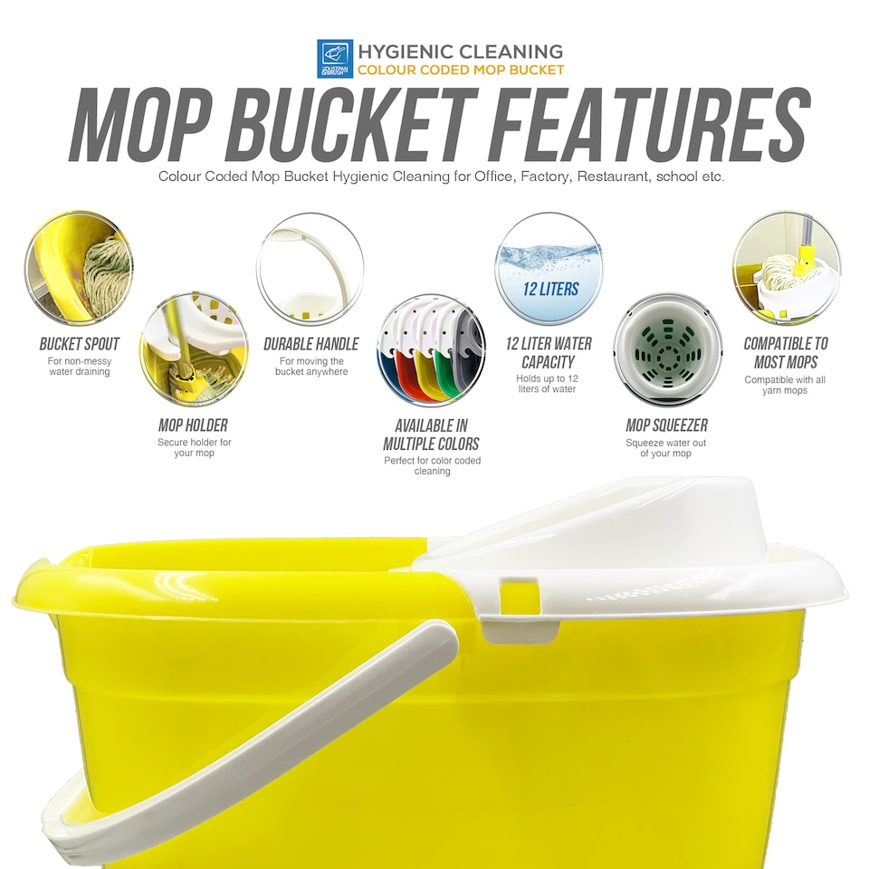 image 1 of Colour Coded Mop Bucket with Removable Wringer 12L Heavy Duty Plastic Cleaning Bucket for Home Kitchen and Catering