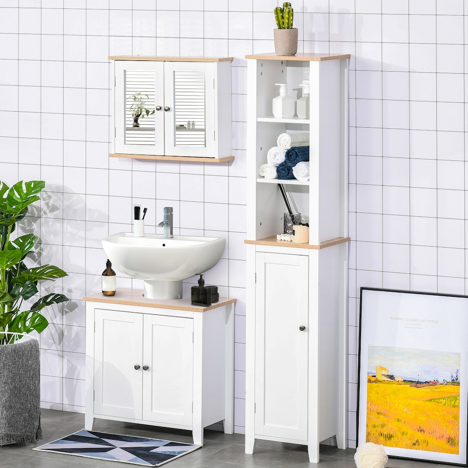 image 1 of kleankin Bathroom Mirror Cabinet Wall Mounted Storage Cupboard with Double Door and Adjustable Shelf, White