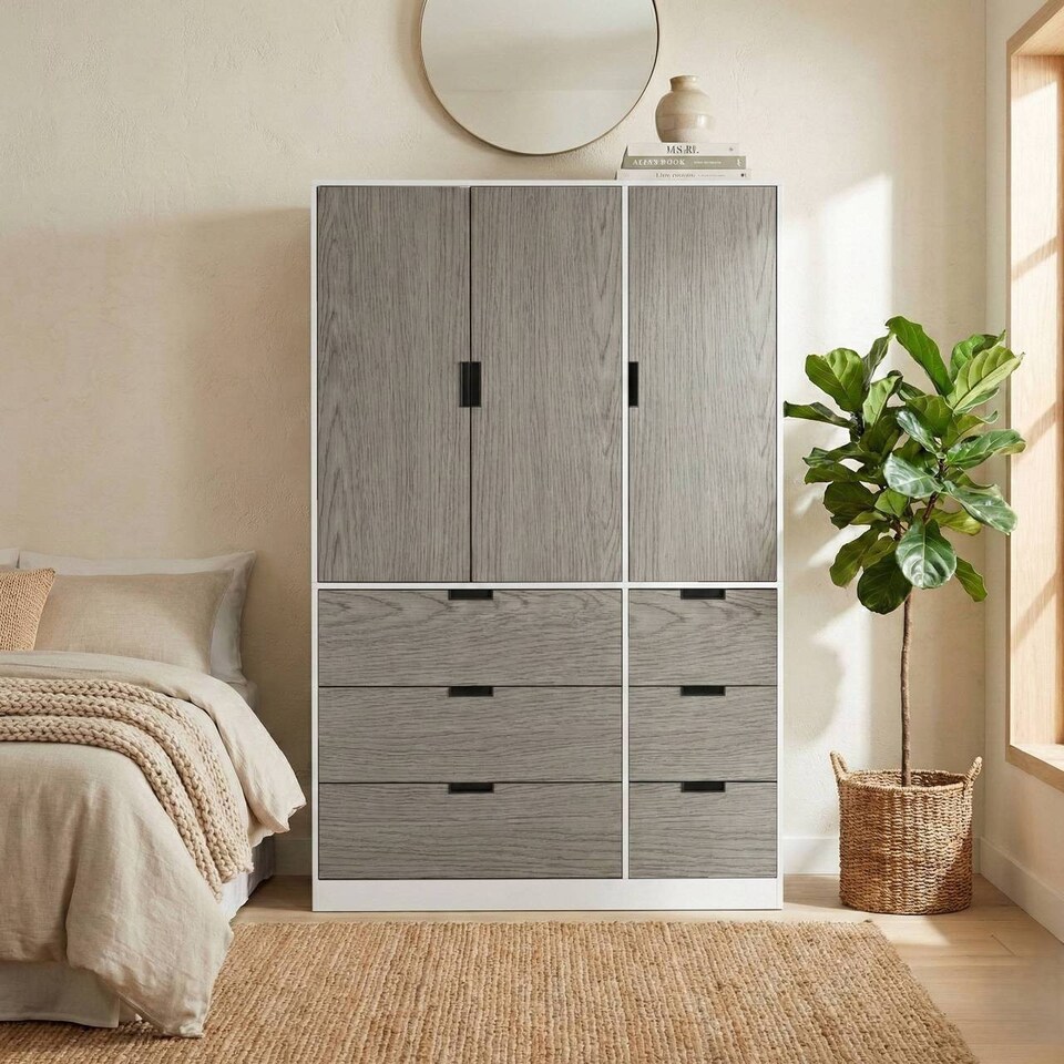 image 1 of RIGA 3 Door 6 Drawer Wardrobe | White | White & Cedar Grey | 10 x 44.5 x 79 | 1