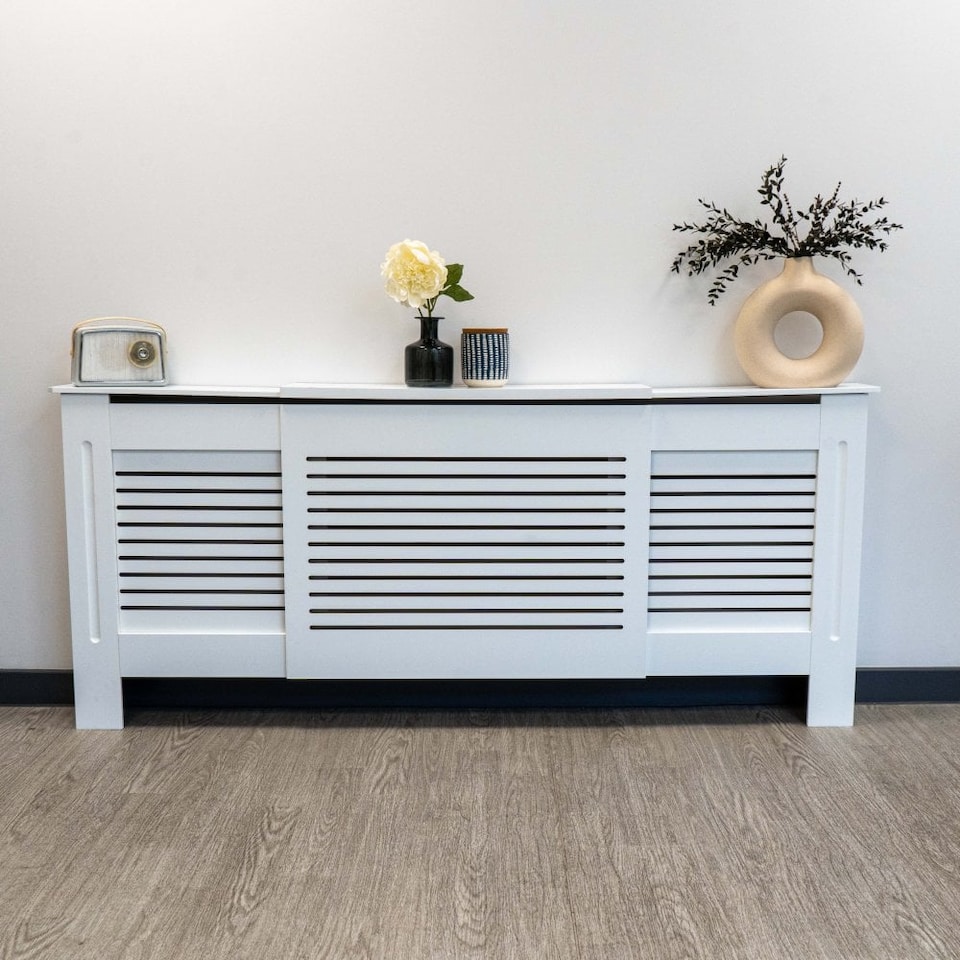 image 1 of JSH Radiator Cover White Horizontal Slat Wood MDF - Adjustable - 140-204cm (W) x 81.5cm (H) x 19cm (D) | White