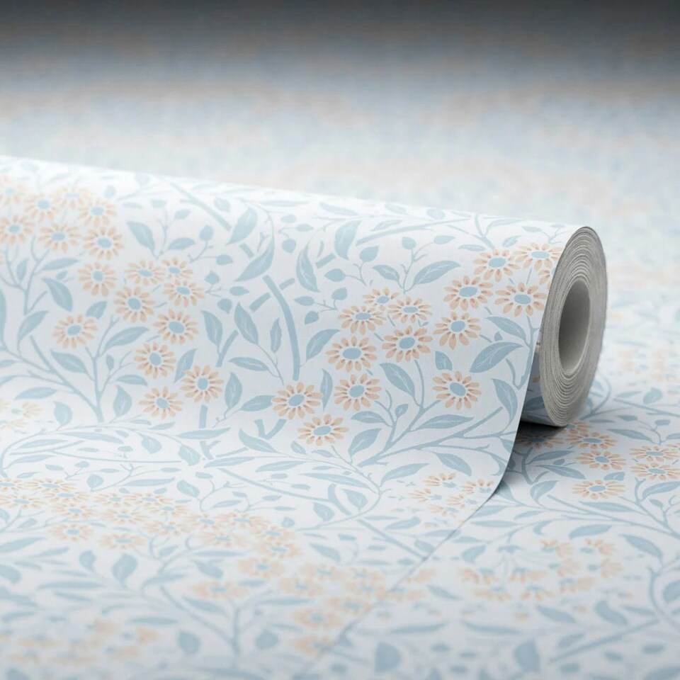 image 1 of Vintage Daisy Wallpaper in Soft Blue and Peach Multi