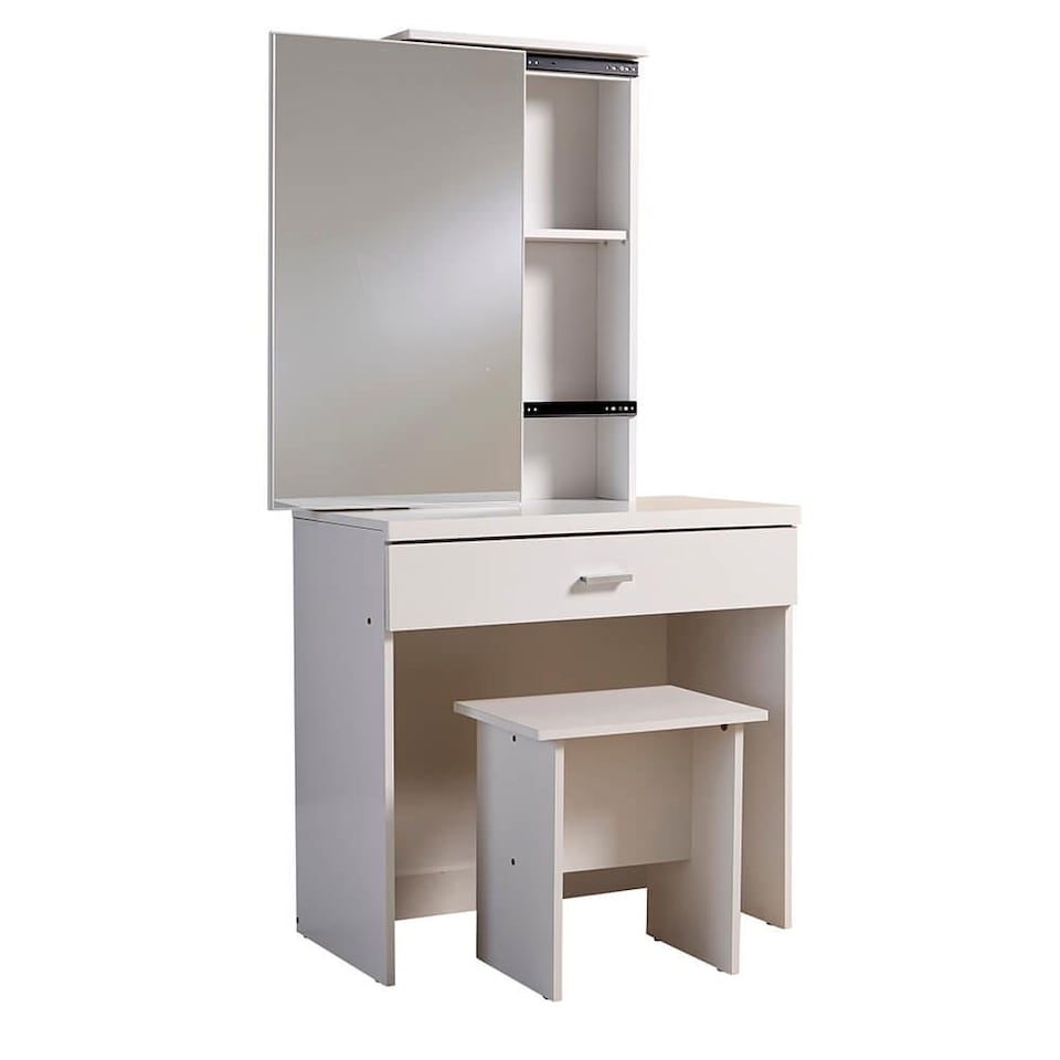image 1 of Makeup Dressing Table Set With Sliding Storage Space Vanity Mirror and Stool | White