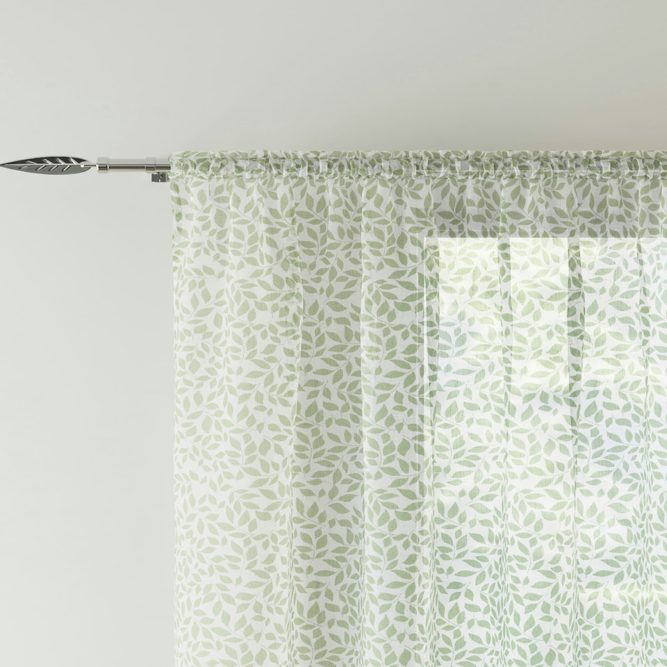 image 1 of Pair of Willow Green Leaf Print Voile Panels 122 cm (48 inch) Rod Pocket Linen Look Panels for Bedroom and Living Room