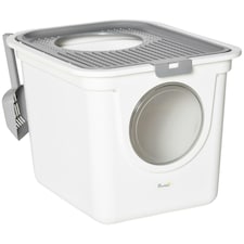 PawHut Cat Litter Tray Pet Litter Box w/ Front Entrance, Top Exit, Scoop - White