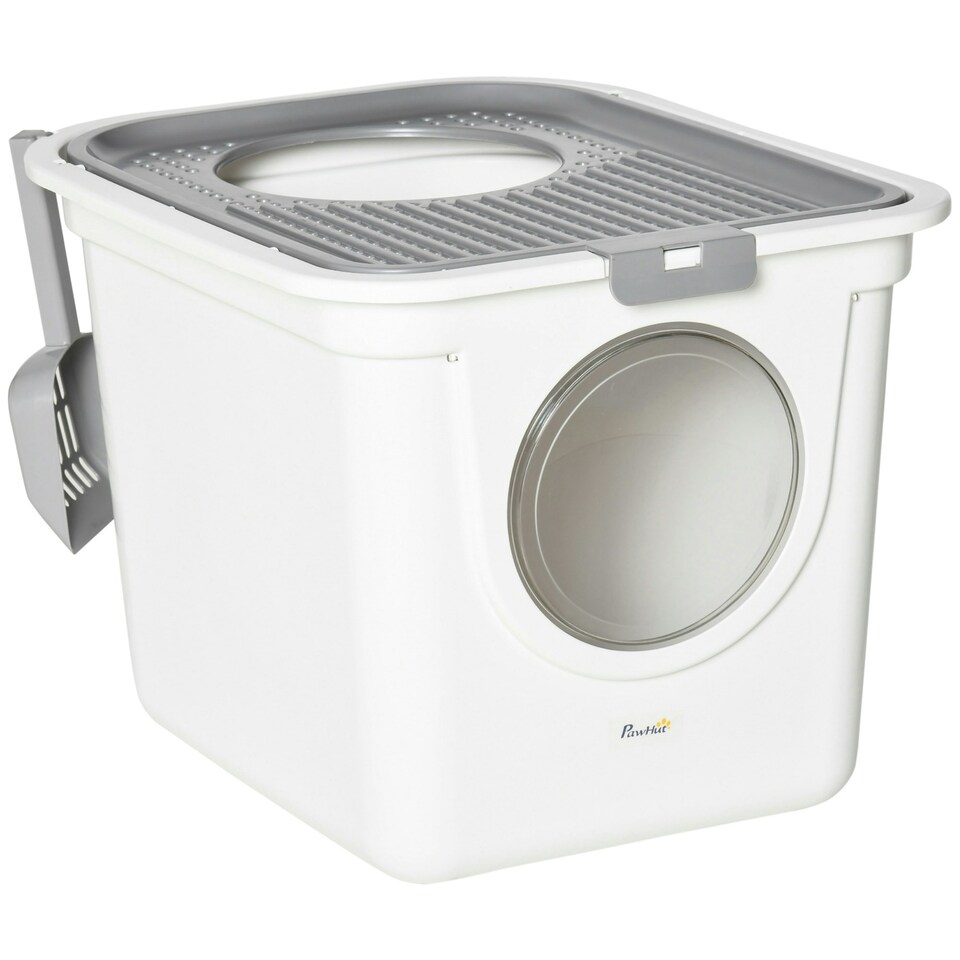 image 1 of PawHut Cat Litter Tray Pet Litter Box w/ Front Entrance, Top Exit, Scoop - White