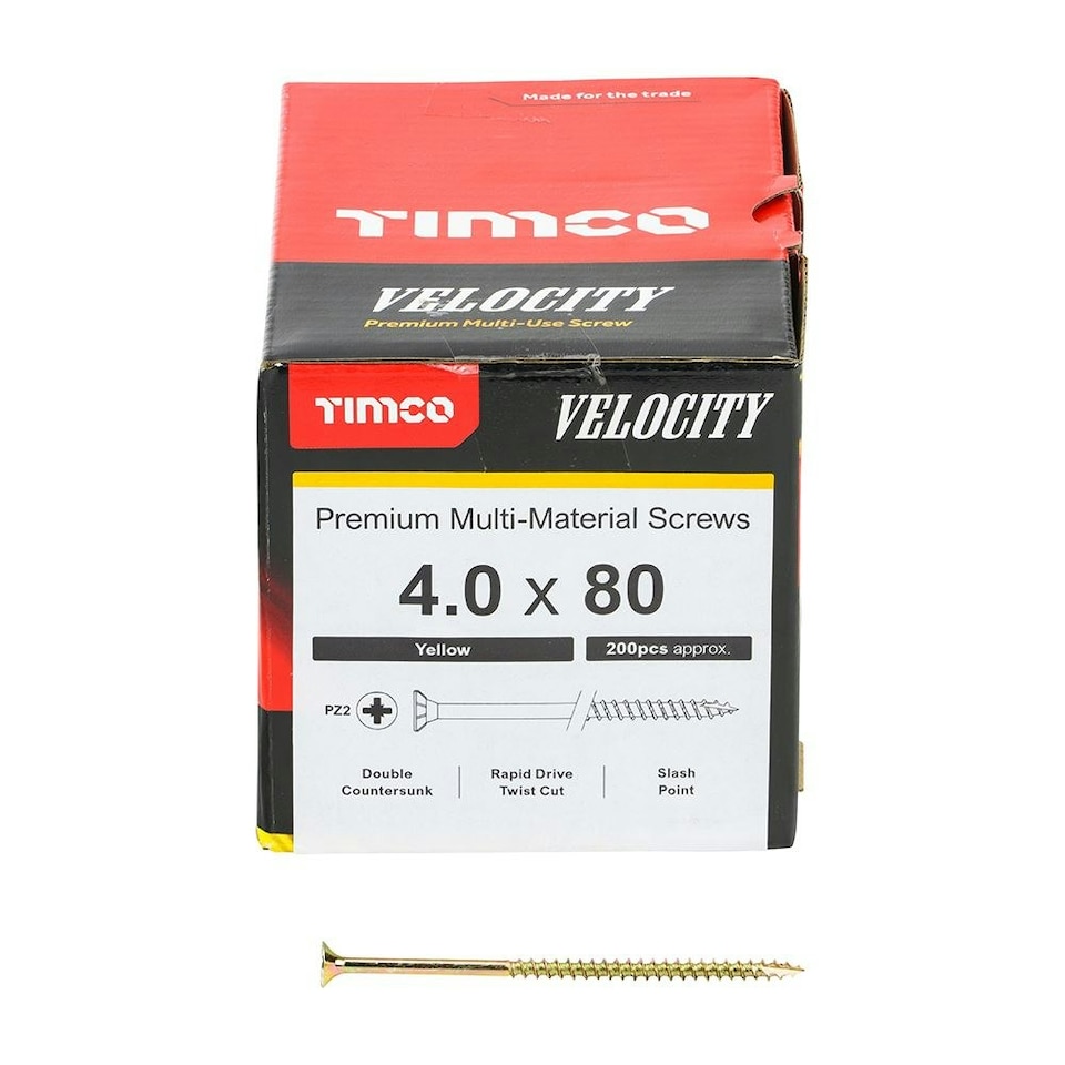 image 1 of Timco - Velocity Premium Multi-Use Screws - PZ - Double Countersunk - Yellow (Size 4.0 x 80 - 200 Pieces)