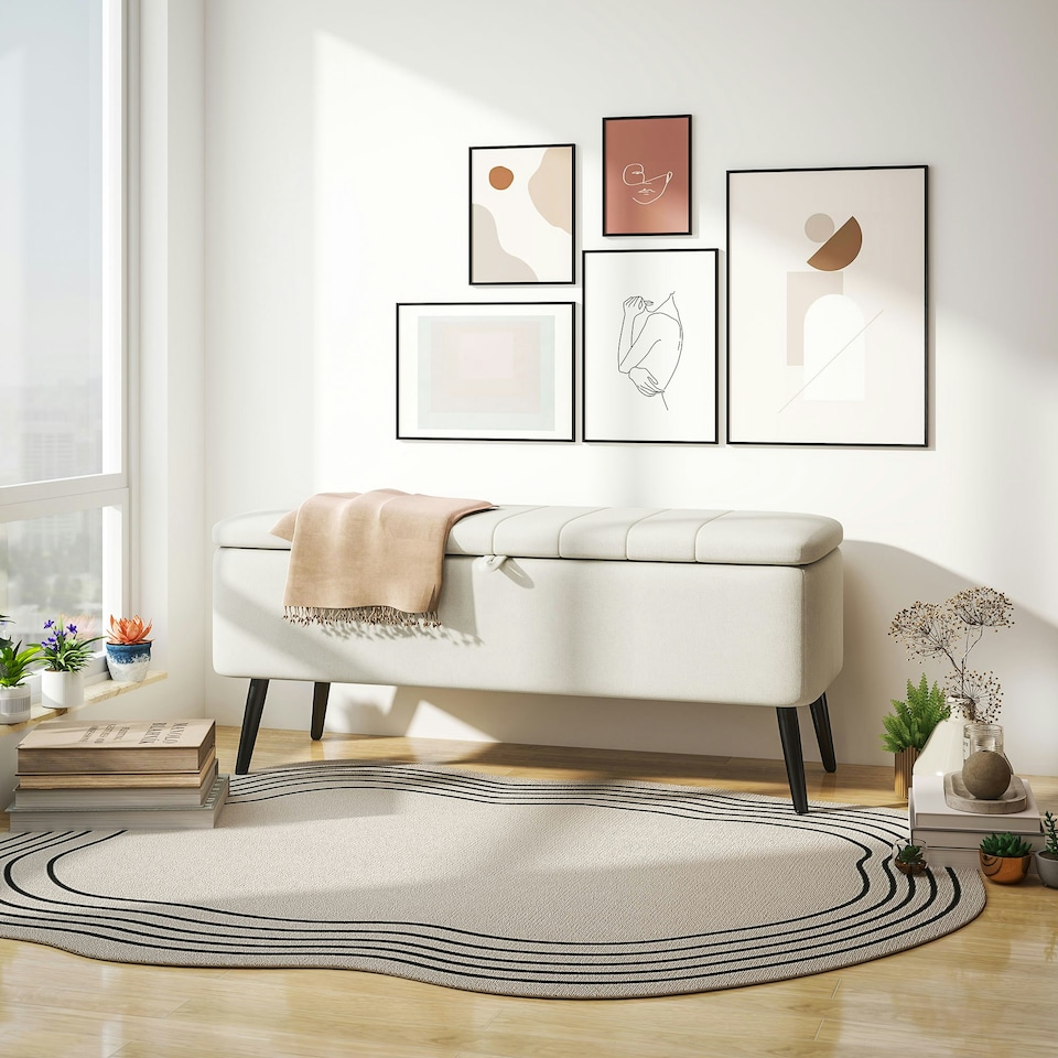 image 1 of HOMCOM Storage Ottoman Bench, Linen Fabric Footstool with Steel Legs Cream White