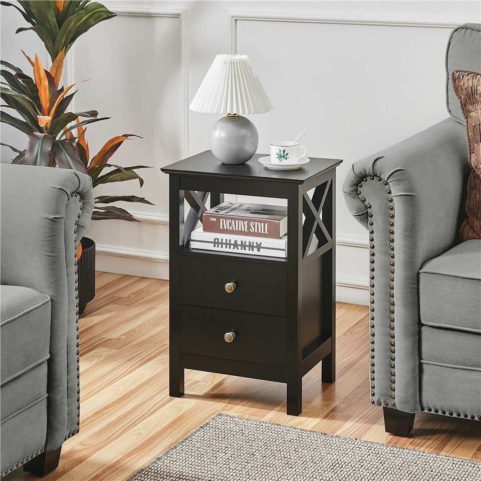 image 1 of Yaheetech Farmhouse Bedside Table with 2 Drawer 1 Shelf Black