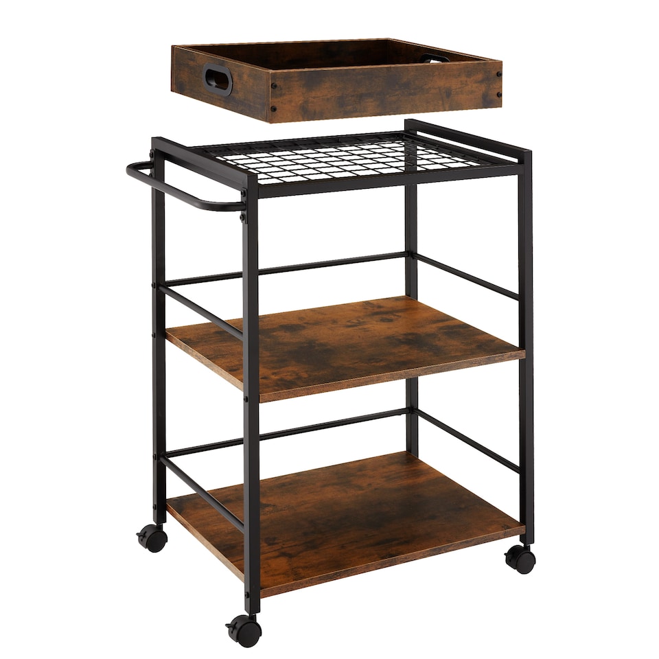 image 1 of Drinks Trolley Worcester - 3 shelves and removable tray, 4 swivel castors with parking brake | Brown | Industrial wood dark, rustic | 65 x 41,50 x 87 cm | 1
