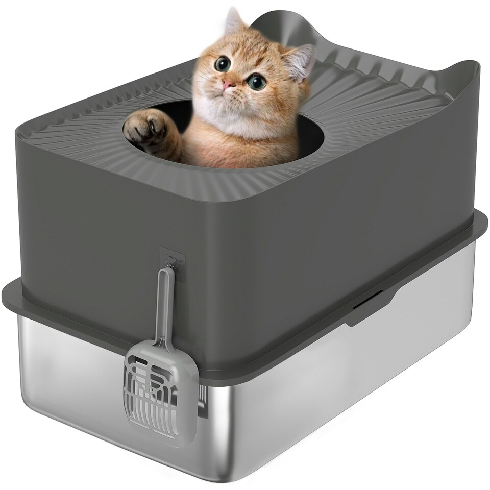 image 1 of PawHut Stainless Steel Cat Litter Box, Enclosed Metal Litter Tray, Dark Grey Grey | One Size