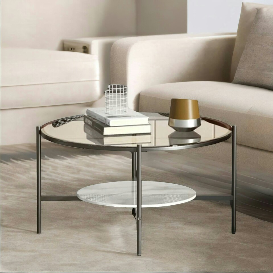 image 1 of 2 Tier Round Faux Marble Glass Coffee Table Heavy Duty Black