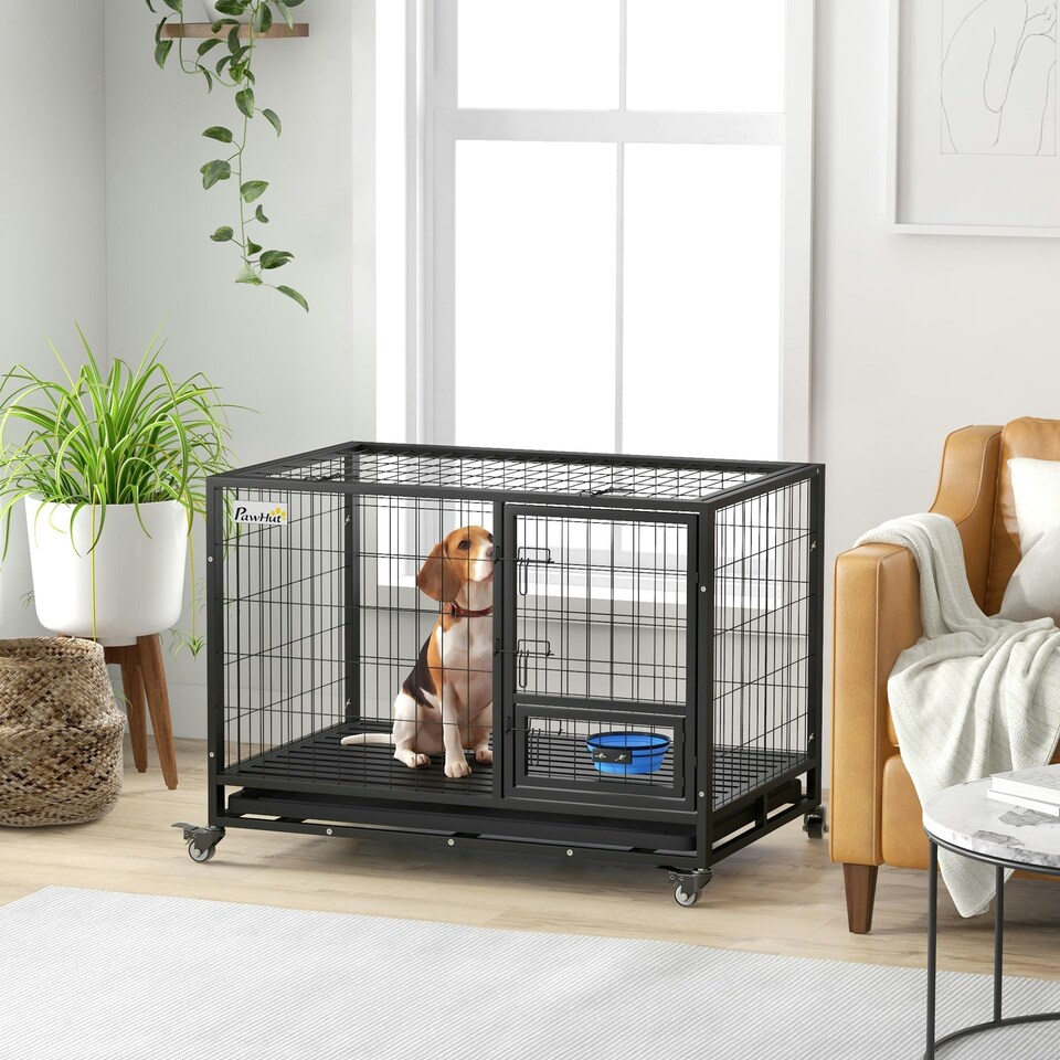image 1 of PawHut 43" Heavy Duty Dog Crate on Wheels w/ Bowl Holder, Removable Tray