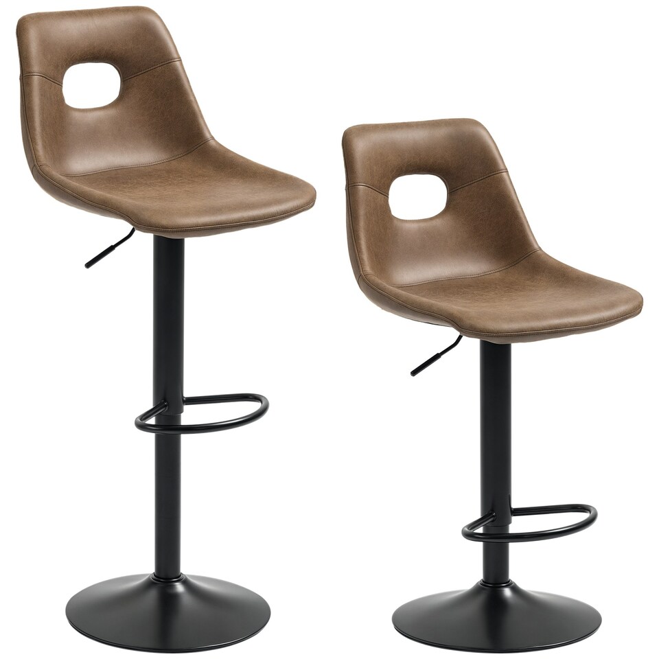 image 1 of HOMCOM Retro Bar Stools Set of 2 Adjustable Height Swivel Leather-Like Brown