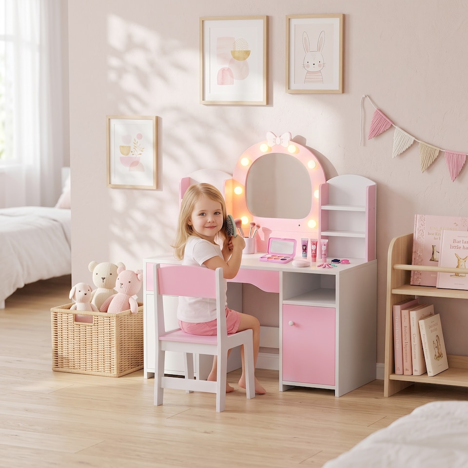 image 1 of AIYAPLAY Kids Dressing Table with Stool, Lighted Mirror, Pink