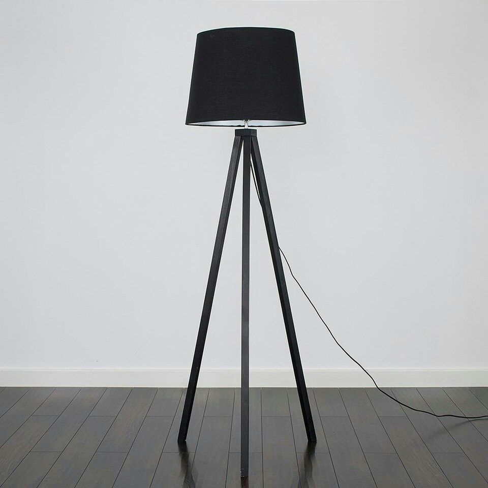 image 1 of ValueLights Modern Black Wood Tripod Design Floor Lamp With Black Shade