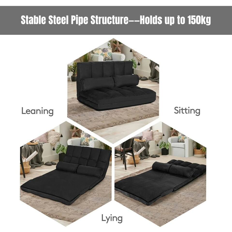 image 1 of COSTWAY Adjustable 6-Position Foldable Lazy Sofa Bed Black Black