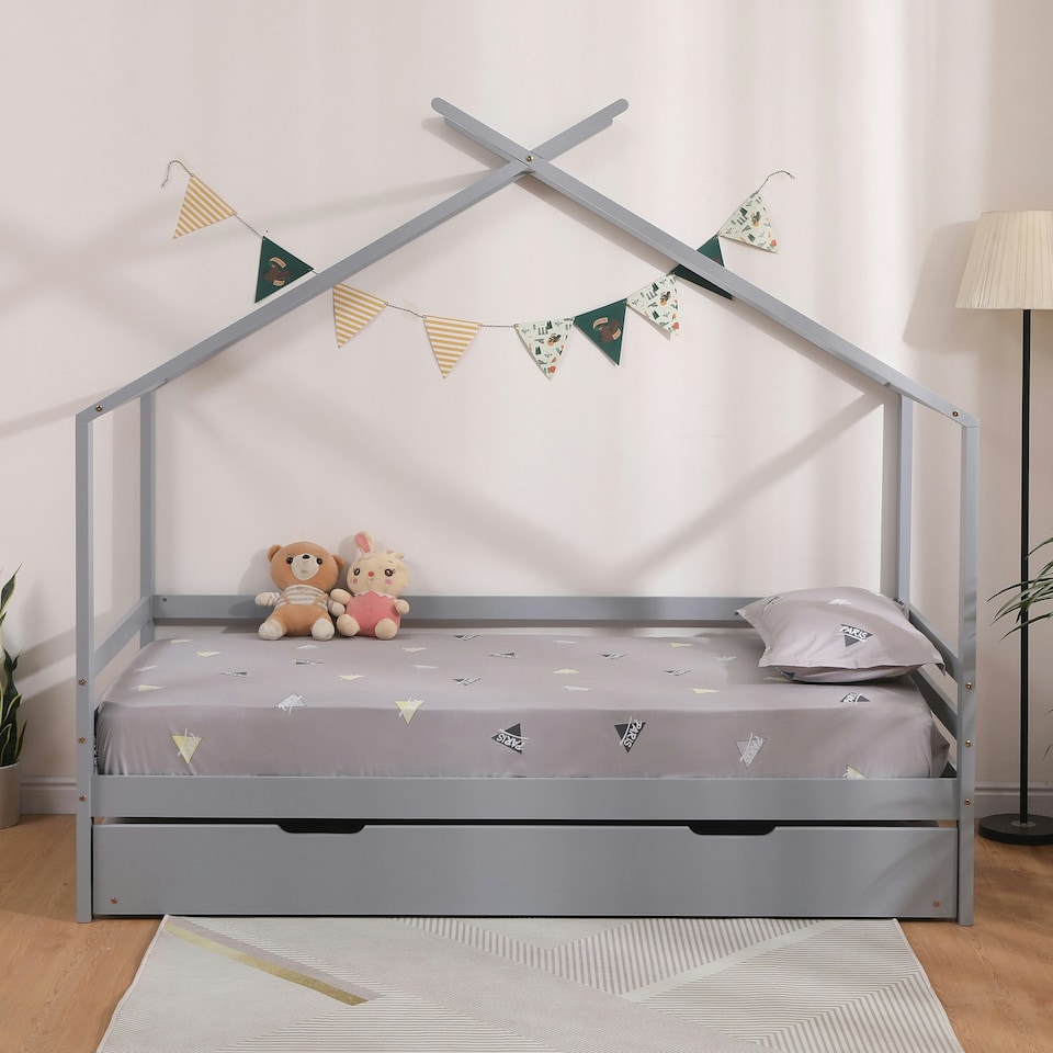 image 1 of Teddy Kids Childrens Grey Wooden House Single Bed Frame w Guest Trundle Bed | Grey | Grey | Single
