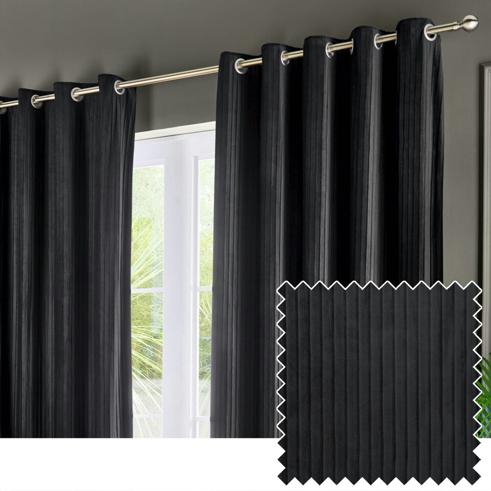 image 1 of Paoletti Corinthian Velvet Room Darkening Black Eyelet Curtains (W)229cm x (D)137cm cm | Multi