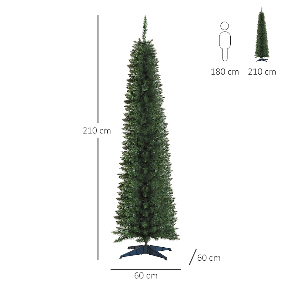 image 1 of HOMCOM 7ft Unlit Artificial Christmas Tree, Pencil Slim mas Tree with Solid Stand and Realistic Branches, Green