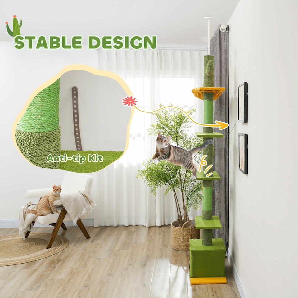 image 1 of PawHut 6-Level Floor to Ceiling Cat Tree, 230-275cm Height, Green