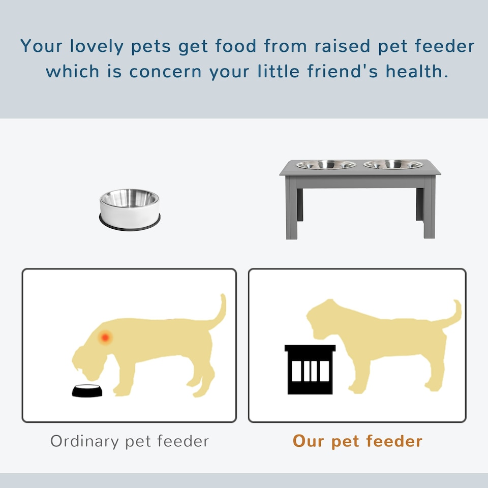 image 1 of PawHut Raised Dog Bowls Pet Feeder Raised Elevated Stainless Steel Food Grey