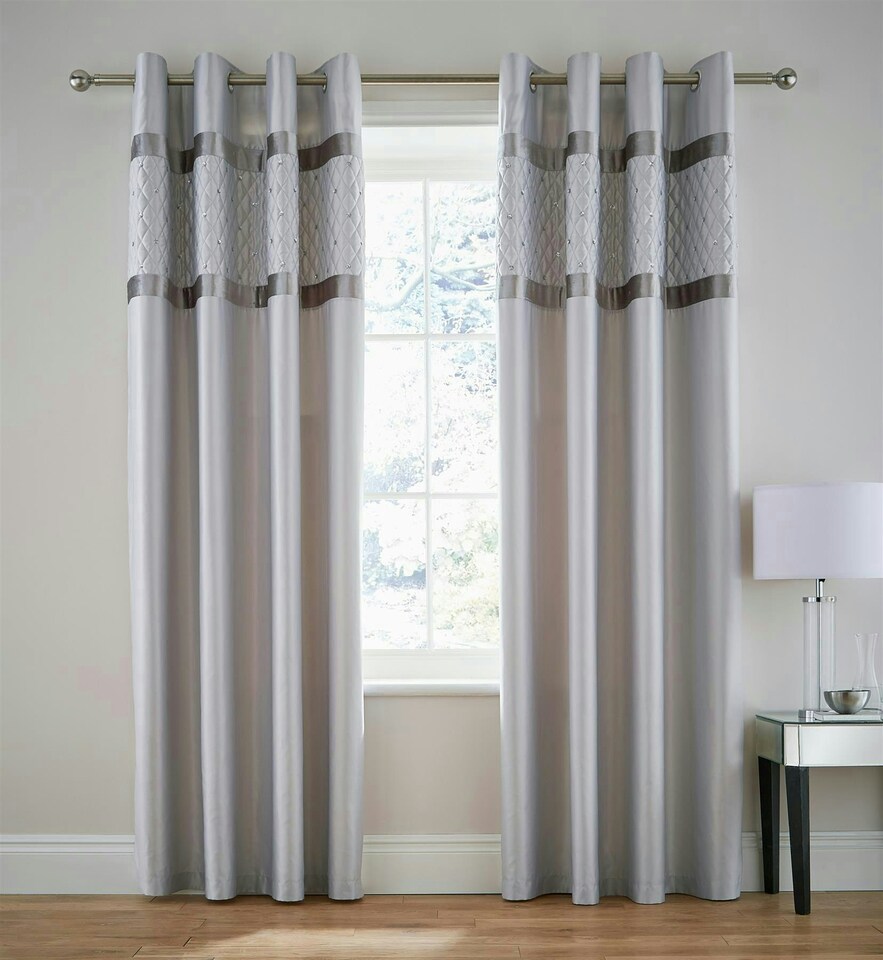image 1 of Catherine Lansfield Sequin Cluster Lined Eyelet Curtains | Silver | Silver Grey