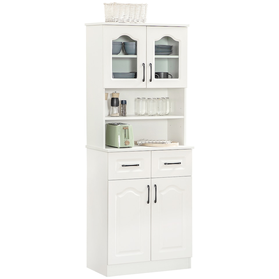 image 1 of HOMCOM Kitchen Cupboard, Freestanding Storage Cabinet with 2 Adjustable Shelves, 2 Drawers and Open Counter for Living Room, Dining Room, 168cm, White