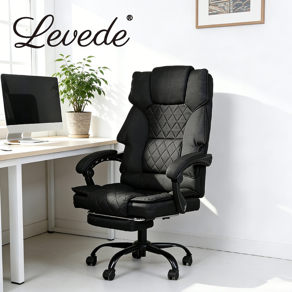 image 1 of Levede Office Chair with Footrest Linen Fabric High Back Swivel Reclining
