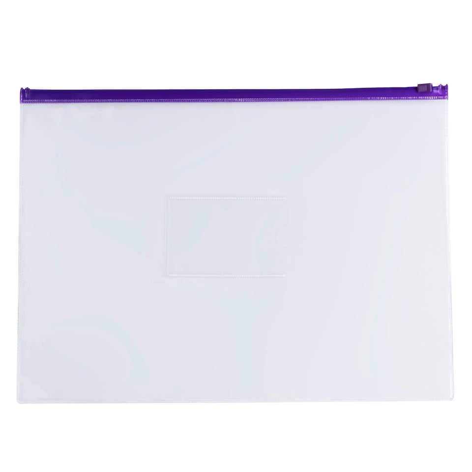 image 1 of Pack of 12 A4+ Foolscap Clear Zippy Bags with Purple Zip