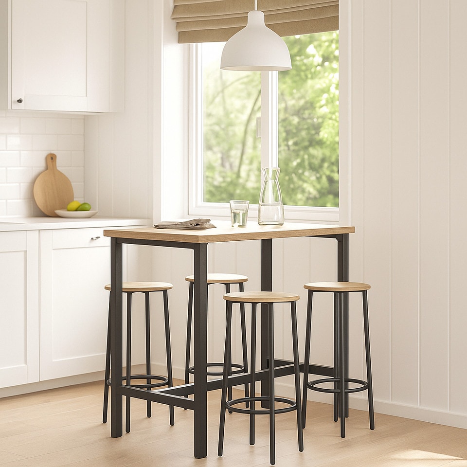 image 1 of CANCUN Bar Table & Stools Set Kitchen Dining Breakfast Industrial Furniture | Multi | 5 Piece Oak