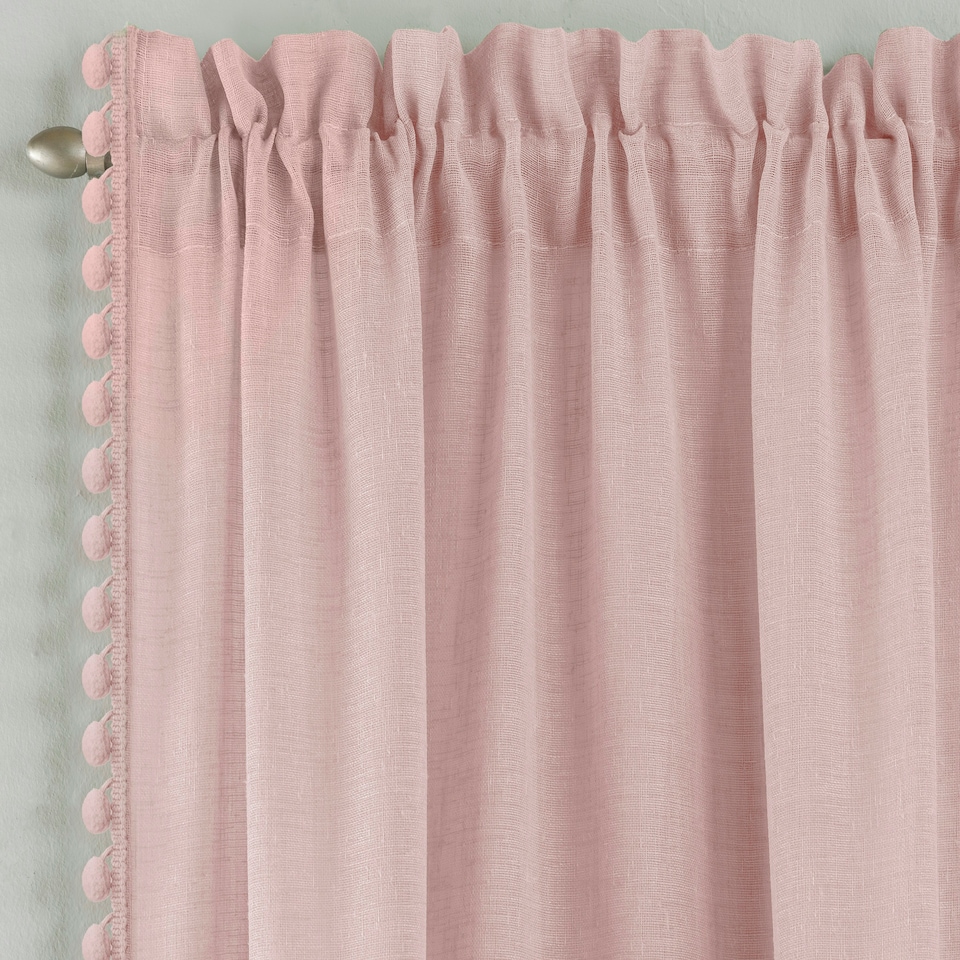image 1 of Pair of Tahiti Blush Pom Pom Trim Voile Panels 137 cm (54 inch) Rod Pocket Linen Look Panels for Bedroom and Living Room