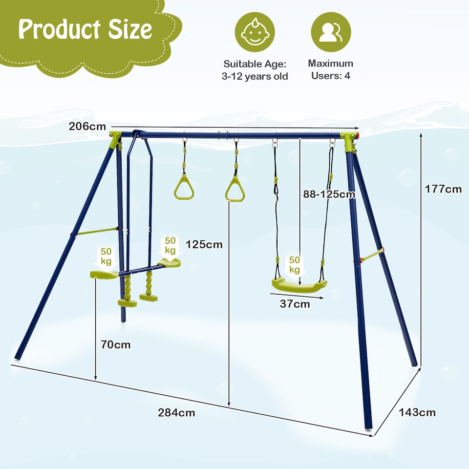 image 1 of COSTWAY 3-in-1 Swing Set A-Frame Swing Set Multifunctional Activity Playset for Backyard