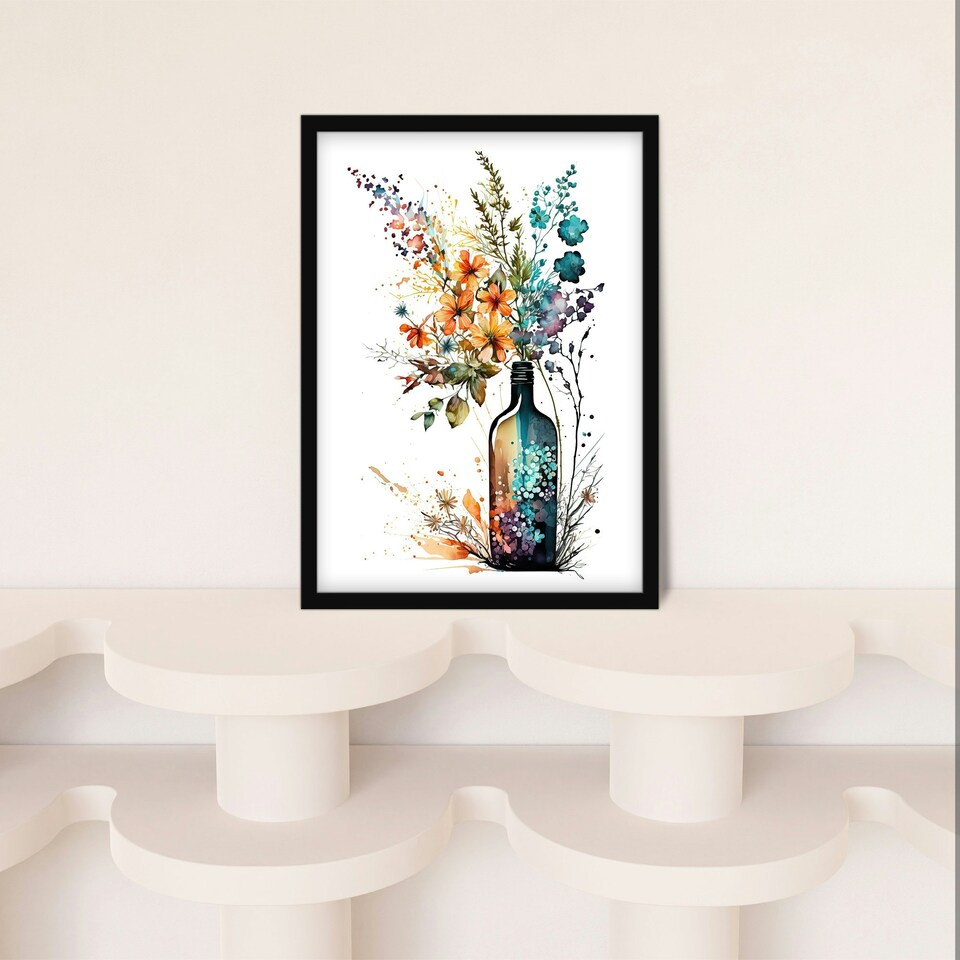 image 1 of Wine Bottle Wildflowers Watercolour Orange Black Framed Wall Art Print A4
