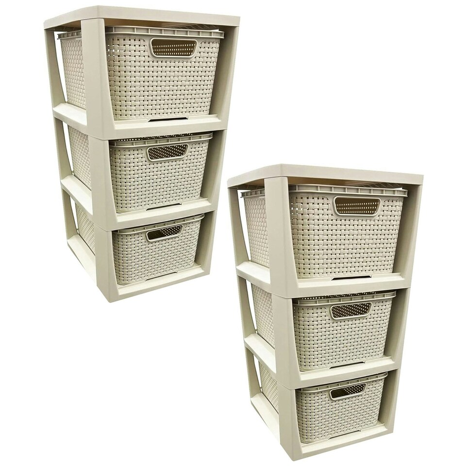 image 1 of 1 x 3 Drawer Cream Stylish Rattan Effect Commode Baskets Home Office Storage Unit Cream