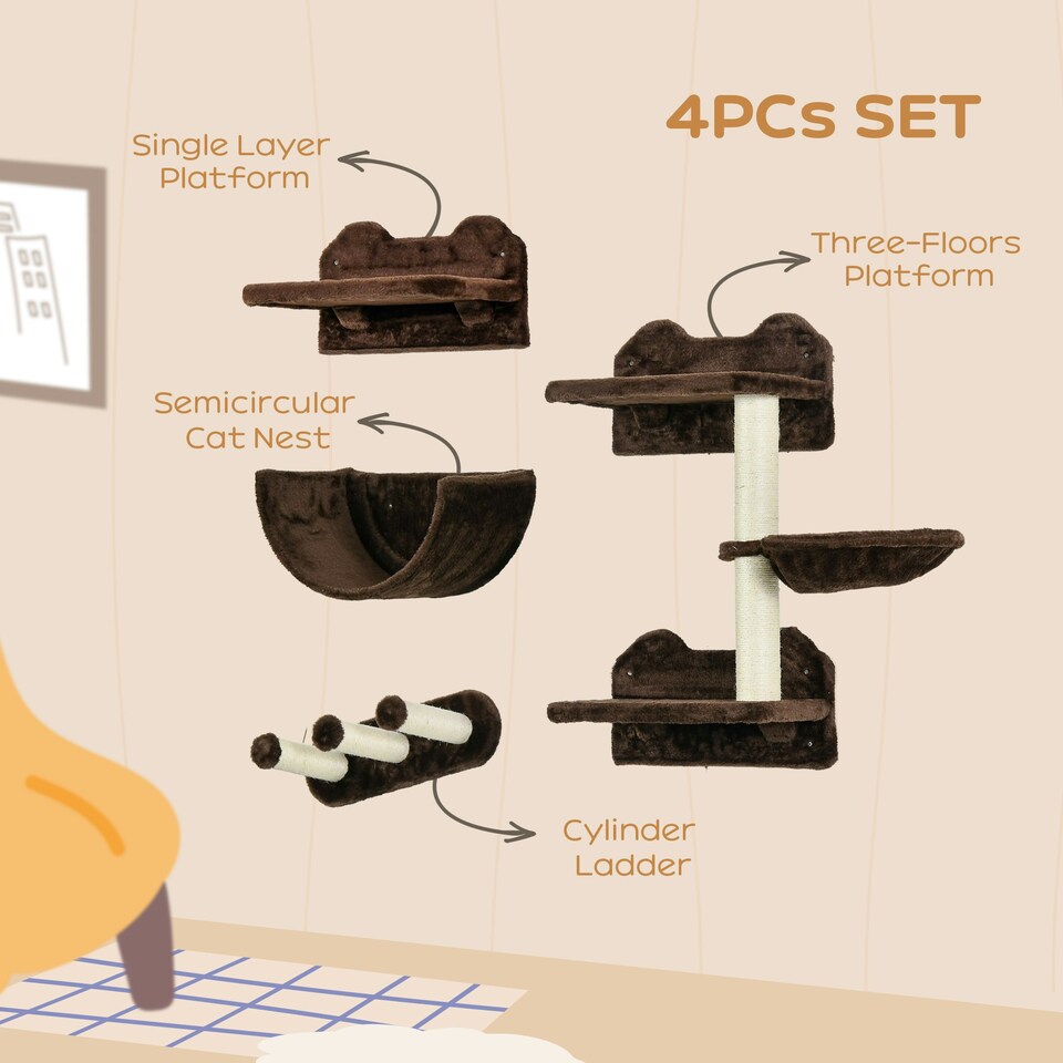 image 1 of PawHut Wall Mounted Cat Tree 4PC Kitten Activity Centre with Sisal, Brown