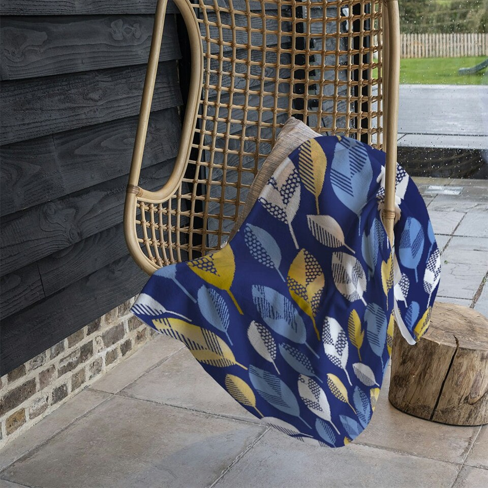 image 1 of White, Blue & Gold Leaves on Navy Background (Blanket)