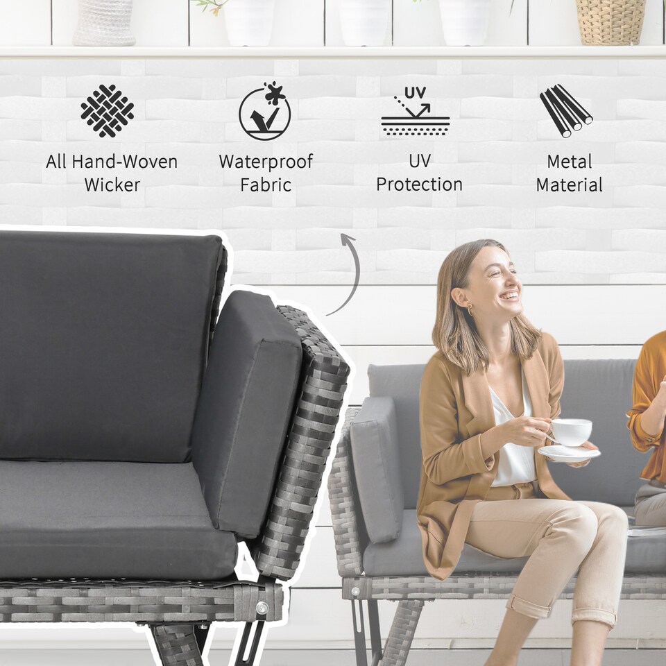 image 1 of Outsunny Rattan Garden Sofa Bed with Adjustable Armrests, 2-in-1 Convertible Couch Garden Daybed Lounger, Outdoor Folding Chaise Lounge Loveseat with Cushions for Porch, Patio, Mixed Grey | Grey | Two Seater