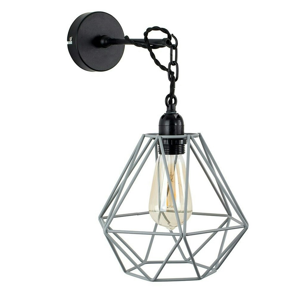 image 1 of ValueLights Huber Black Steampunk Ceiling Light With Grey Wire Pendant Shade