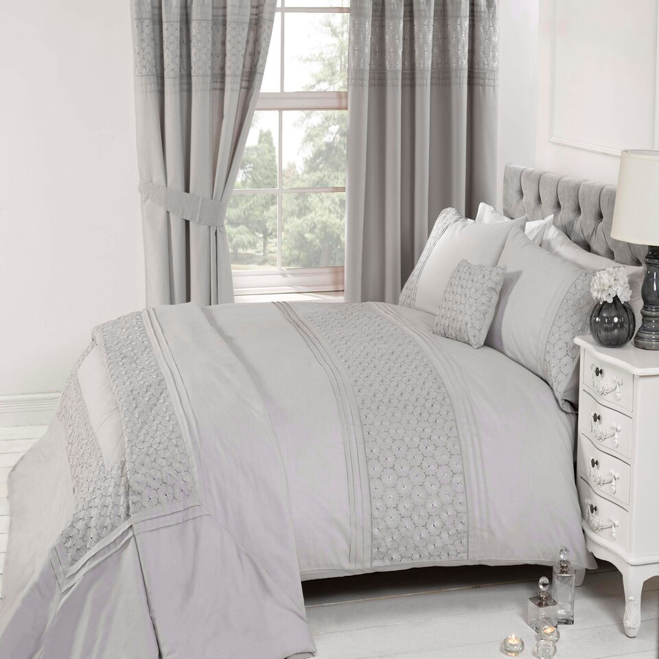 image 1 of Everdean Floral Polycotton Duvet Cover Set with Pillowcase Silver | Single