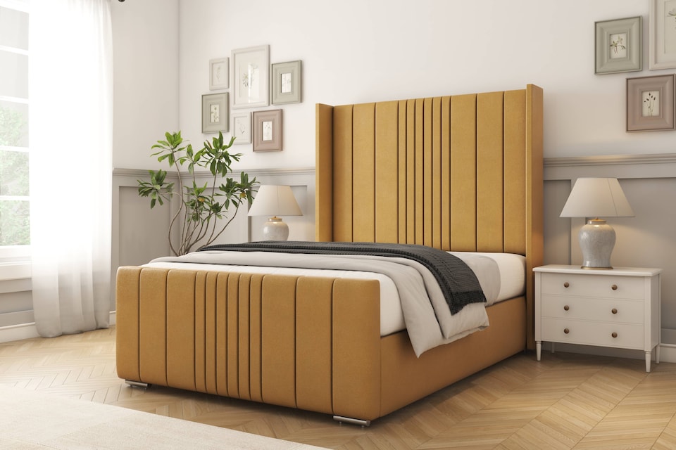 image 1 of Sloomy Hargrave Mustard Plush Bed Frame With Mattress With 50"  Upholstered Wingback Headboard 4'6 Double