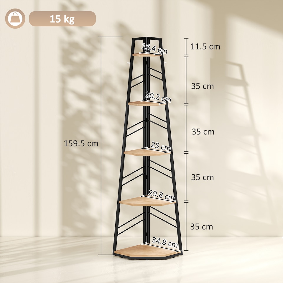 image 1 of HOMCOM 5-Tier Corner Bookcase, Floor Standing Shelving Unit | Brown | Natural wood finish | 36.5 x 36.5 x 159.5 cm