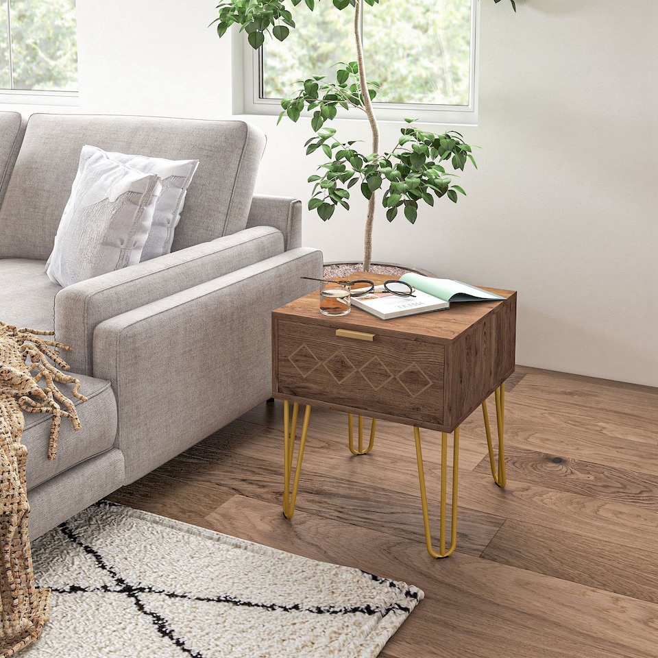 image 1 of HOMCOM Bedside Table with Drawer, Wooden Nightstand, Modern Sofa Side Table with Gold Tone Metal Legs and Handles for Living Room, Bedroom, Easy Assembly, 40x41x 49cm, Brown