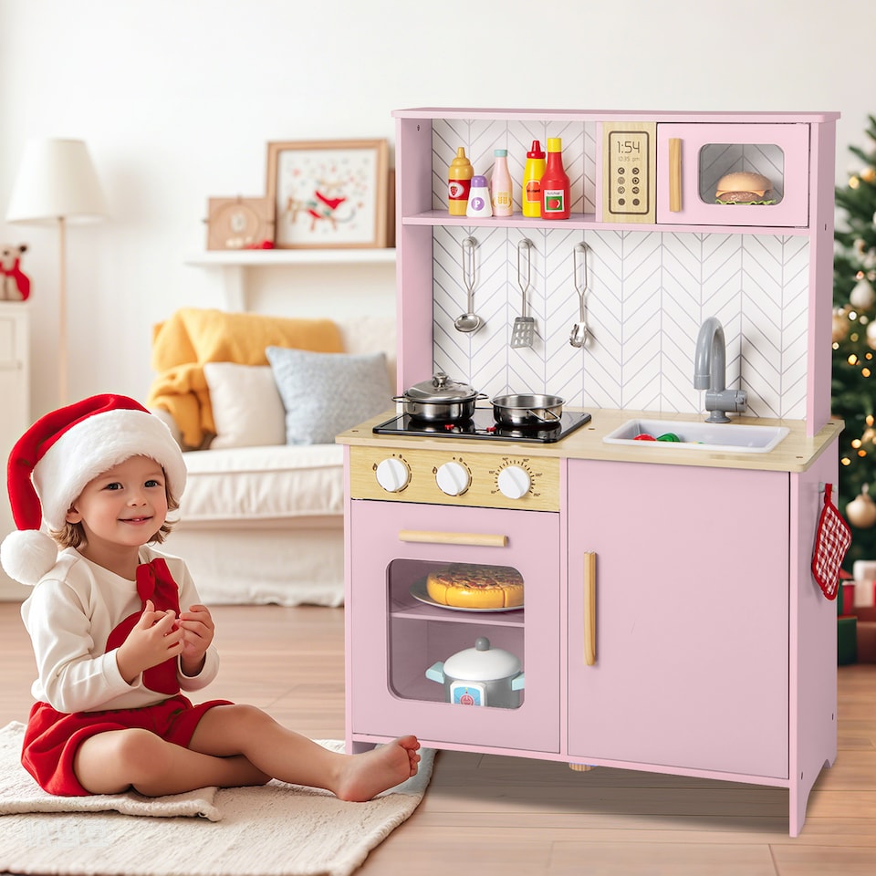 image 1 of COSTWAY Kids Kitchen Playset Pretend Play Kitchen Set with Sounds-Pink