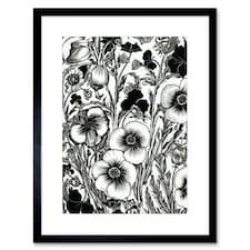Black White Viola Flower Pattern 9x7" Black Framed Wall Art Print