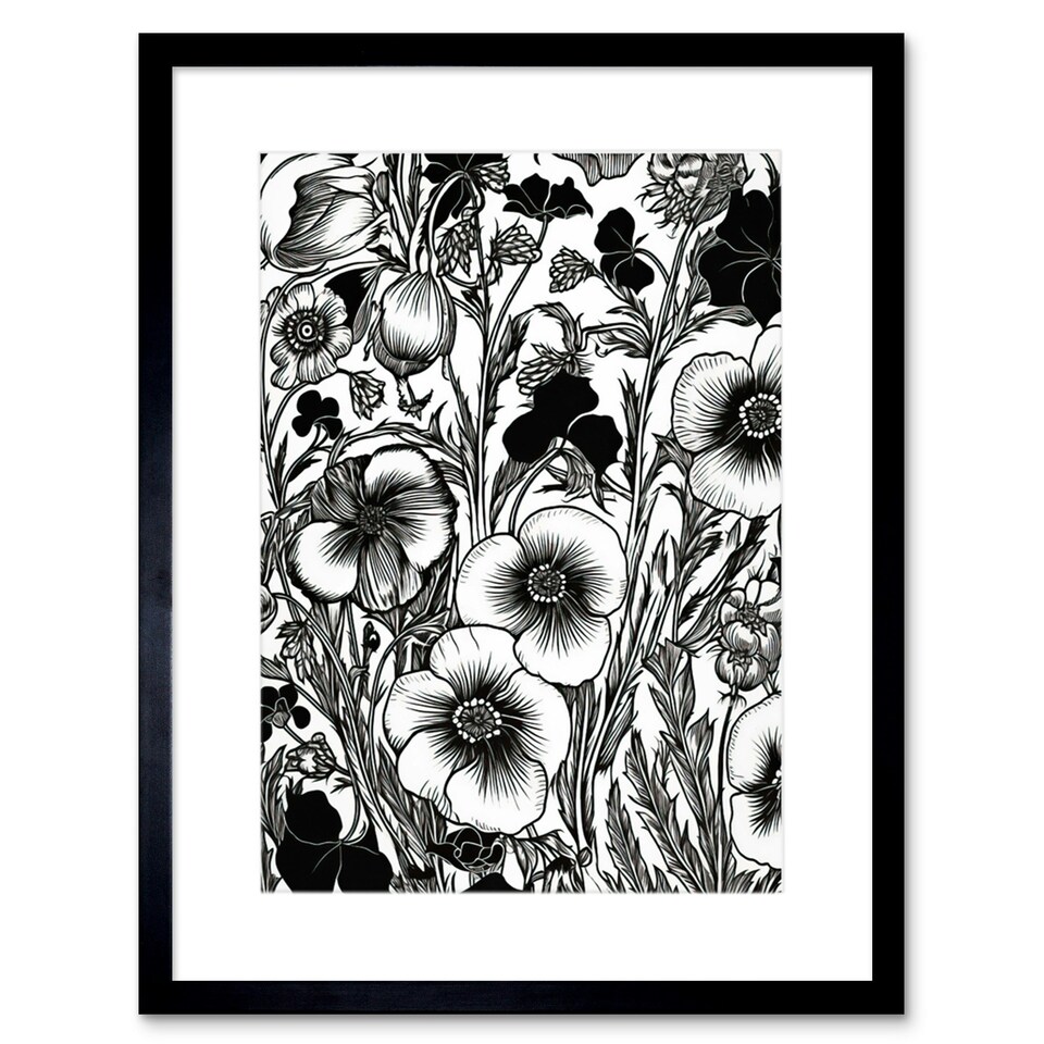 image 1 of Black White Viola Flower Pattern 9x7" Black Framed Wall Art Print