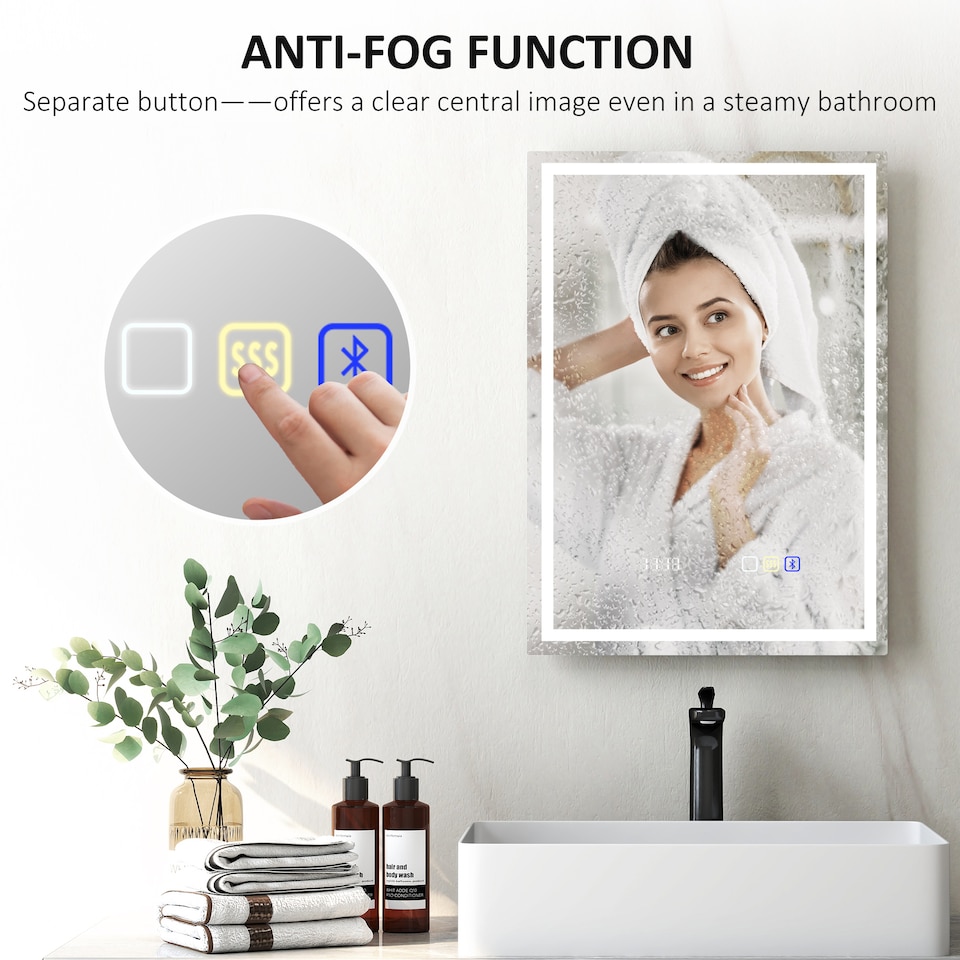 image 1 of HOMCOM 500 x 700 mm Bluetooth LED Bathroom Mirror, Illuminated Backlit Vanity Mirror with 3 Colours Dimmable, Clock, Anti-Fog, Memory Function, Touch Sensor, IP44 | Silver